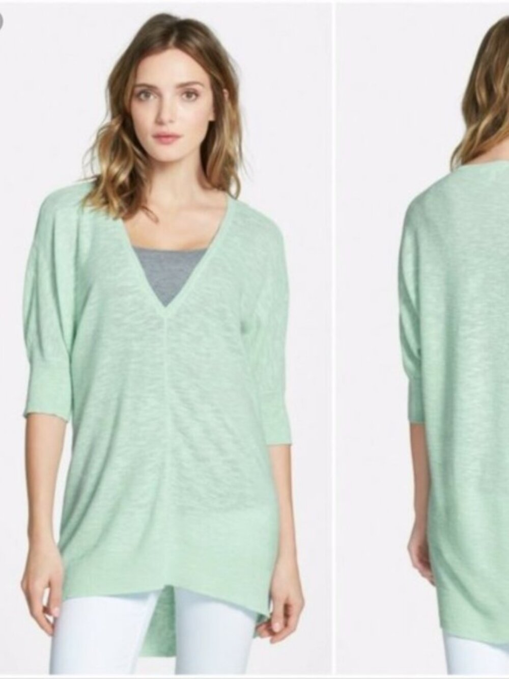 Eileen Fisher Organic Linen/Cotton Blend V Neck Longline Tunic Mint Green XL